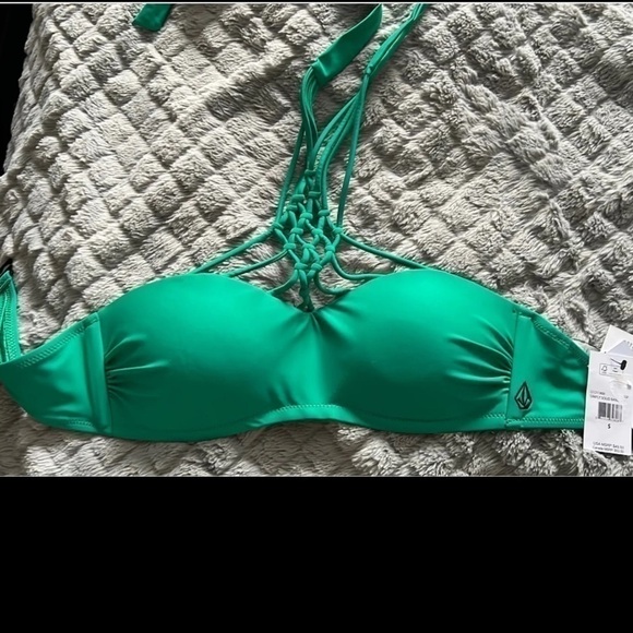 VOLCOM Simply Solid Braided High Neck Bandeau Bikini Top Green Spray small NWT - Picture 1 of 3